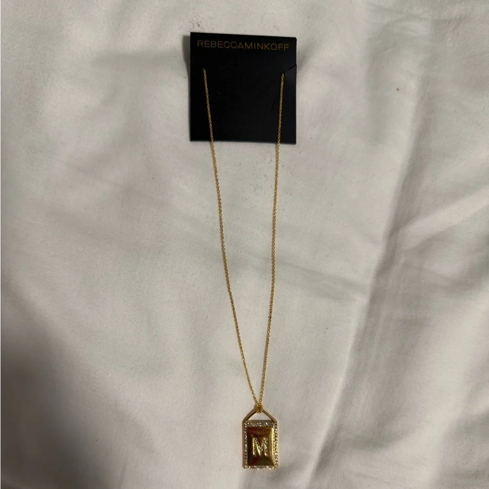 Rebecca Minkoff Initial Gold Tone Necklace with crystal accents. Letter “M” NWT